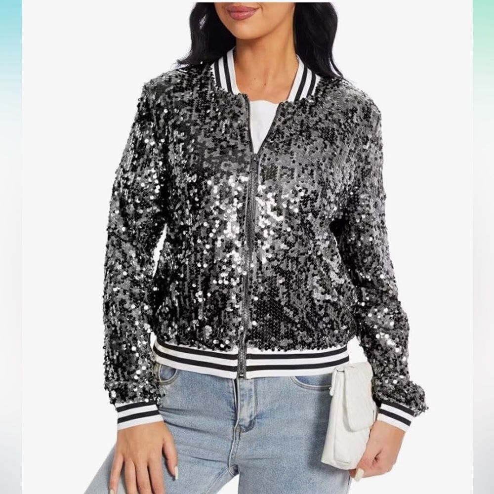 Womens Sequin Jacket Party Festival Outfit Long Sleeve  Blazer Bomber Jacket